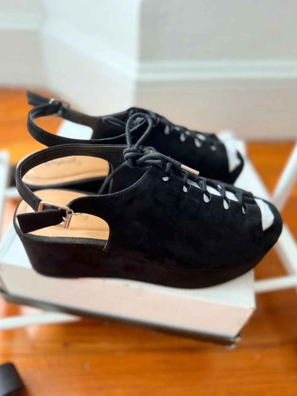 Black Platform Lace-Up Peep-Toe Sandals